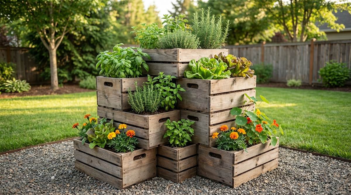 A vertical mini garden bed created by stacking wooden or plastic crates in a staggered formation, with planting openings on all sides for herbs, lettuce, and compact flowers. This modular design improves air circulation and saves ground space.