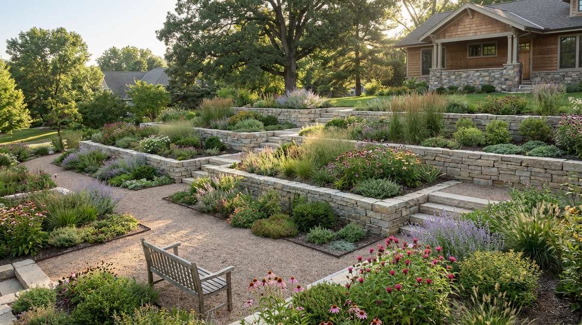 A contemporary garden bed design showing staggered offset arrays with alternating beds shifted forward and backward by half their length, creating dynamic zigzag patterns. The arrangement features interstitial spaces for pathway branching, varied viewing angles, and complementary plant species in adjacent offset beds to support beneficial insect movement. The design is particularly effective on sloped terrain where beds terrace at different elevations to reduce erosion risk.