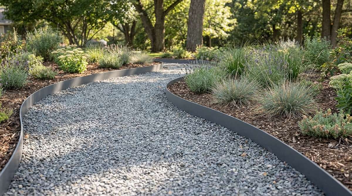 A close-up view of powder-coated steel landscape edging installed along a curved gravel garden path. The thin steel strip flexes smoothly to follow the path's contour while remaining nearly invisible beneath the gravel surface. The clean, minimalist design creates sharp geometric lines that define the path edge without interrupting the natural gravel texture, ideal for modern landscape aesthetics.