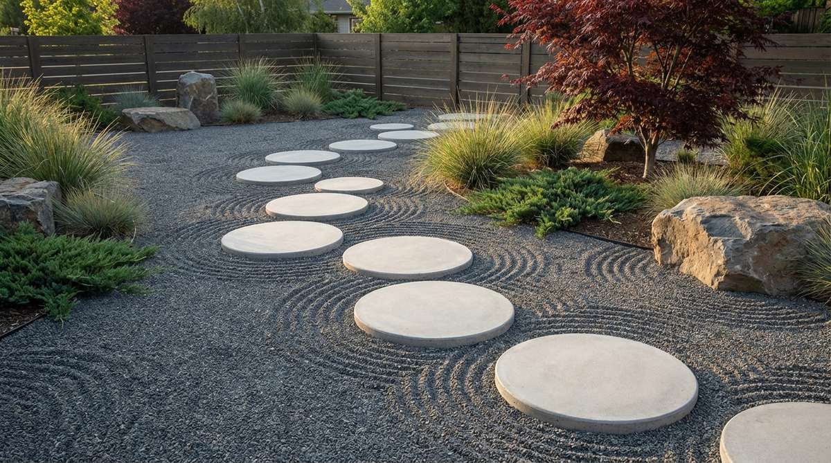 A staggered walking path created with 16-inch concrete rounds spaced 24 inches apart in a modern zen garden. The stepping pads are embedded slightly below grade for safety and integrated with raked gravel patterns to maintain visual continuity without dividing the garden space.