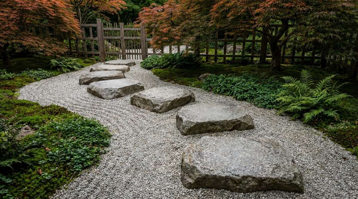 A serene arrangement of five flat-topped boulders partially buried in gravel, forming a meandering stepping stone path in a traditional zen garden. The boulders are spaced 18-24 inches apart for comfortable walking, with subtle directional variations to enhance the natural experience, symbolizing islands and inviting physical engagement while maintaining aesthetic harmony.