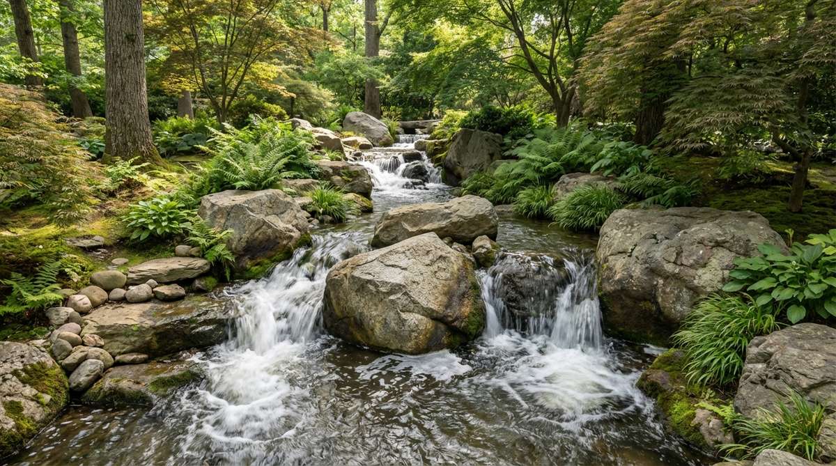 A constructed stream in a Japanese garden, featuring water flowing downhill through a channel with strategically placed boulders that split the current, creating white water and visual turbulence. Larger boulders positioned mid-stream generate eddies and backflow, while smaller stones along the banks naturalize the water course and provide planting pockets for moisture-loving ferns and hostas. This design element masks urban noise with the sound of water striking stone and adds energy to the garden landscape.