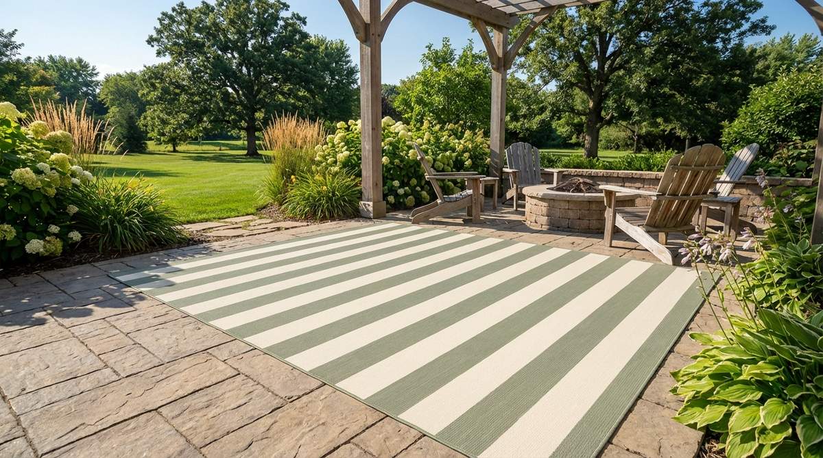 A polypropylene outdoor rug with alternating cream and sage stripes, ideal for defining seating zones on large patios. This durable rug is rated for full sun exposure to maintain color vibrancy and adds directional movement to outdoor decor without needing extra furniture.