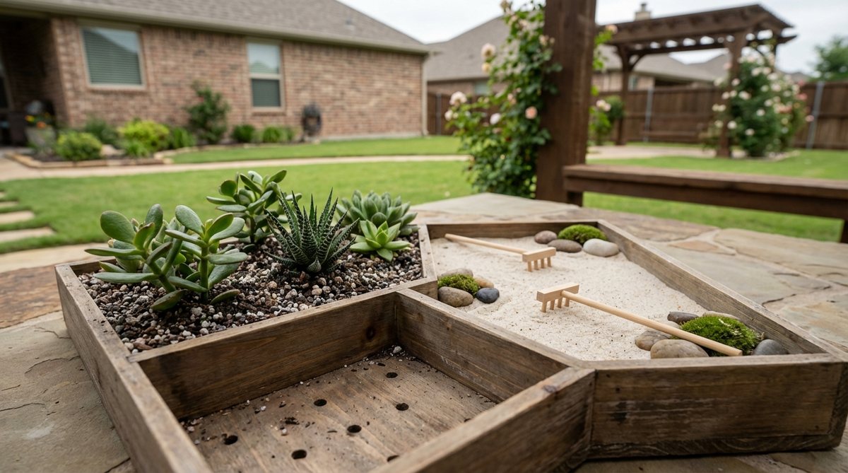A divided tray design for a zen garden miniature, featuring a dedicated planting compartment with drainage holes and appropriate soil mixture for small succulents like jade plants or haworthia, alongside a sand area, symbolizing growth and renewal during daily meditation practice.