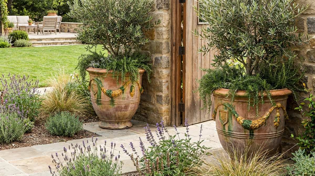 A pair of vintage French Anduze terracotta pots with rich green, yellow, and ochre glazes and garland decorations, positioned as focal points flanking a garden doorway, showcasing Mediterranean flair and frost-resistant durability for year-round beauty.