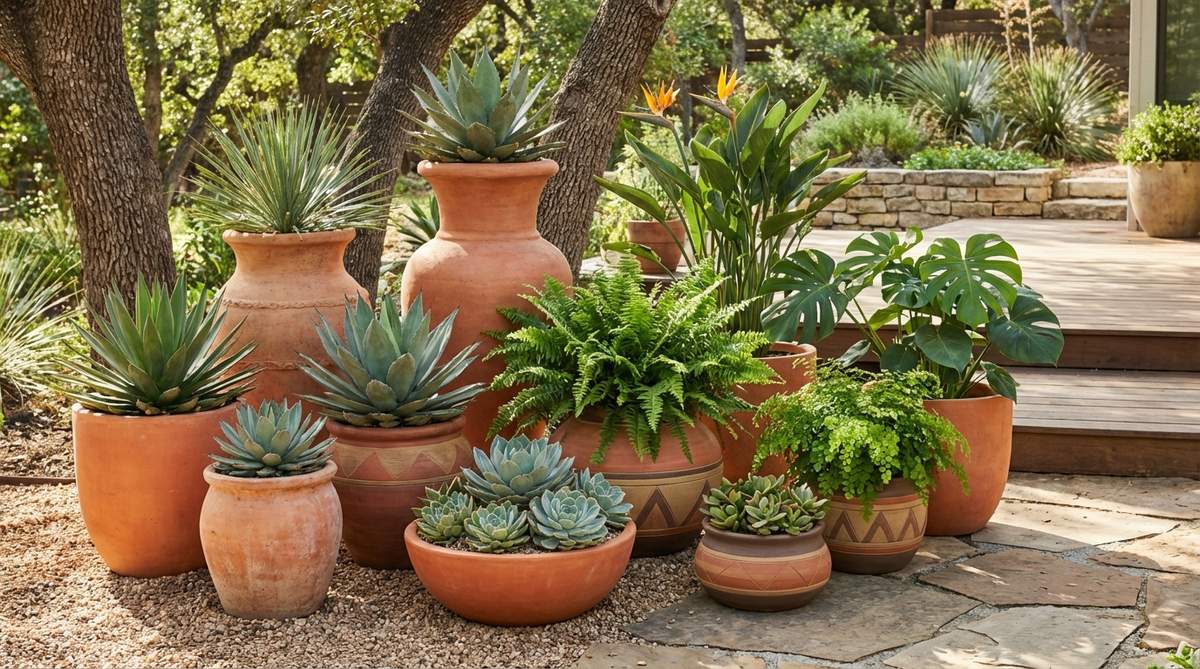 A collection of terracotta planters in varying heights and diameters, showcasing warm orange-red tones and natural clay textures. Some pots are unglazed to highlight earthy textures, while others feature subtle geometric patterns in contrasting earth tones. The planters are grouped together with succulents, ferns, and tropical foliage, creating a dimensional display that embodies the relaxed bohemian aesthetic of afro boho decor.