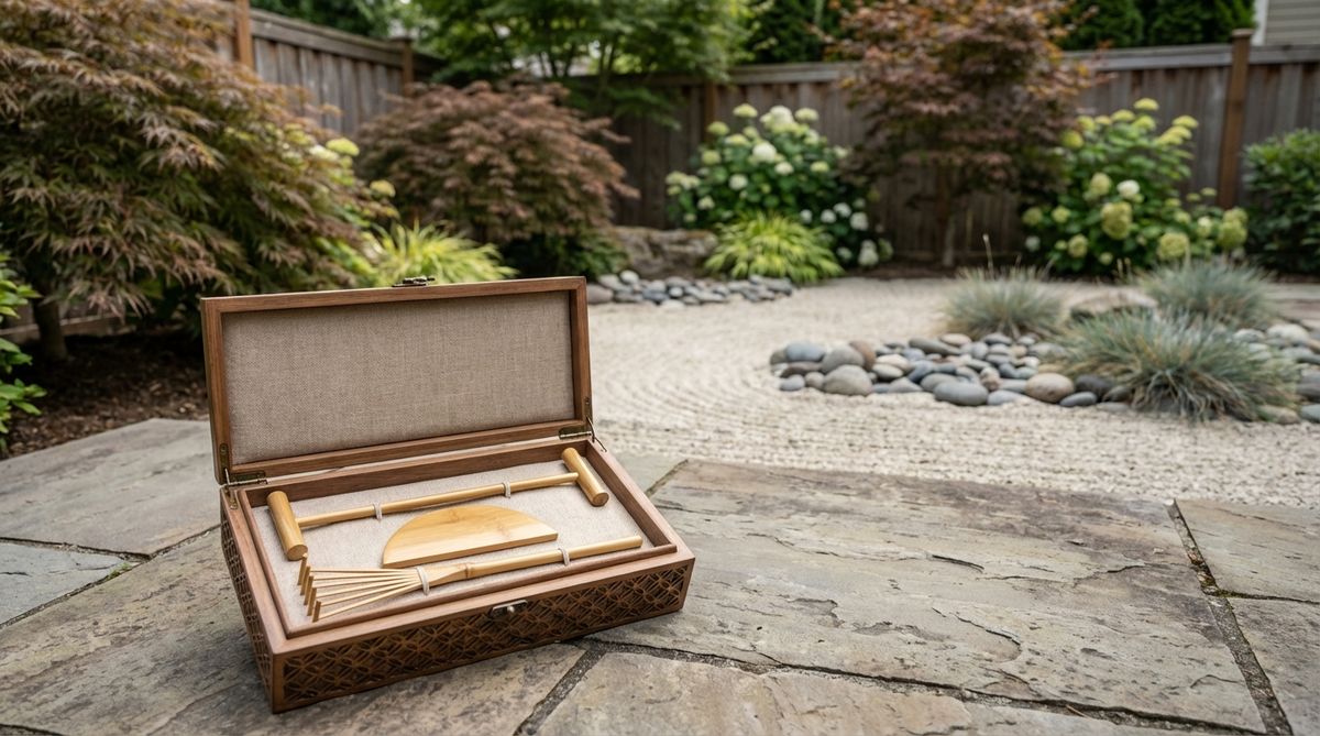 A complete set of three handcrafted bamboo mini rakes for zen gardens, including a straight rake, curved semicircle rake, and fine-tine detail rake. These polished tools come in a decorative wooden box and are ideal for creating intricate patterns during mindfulness practice.