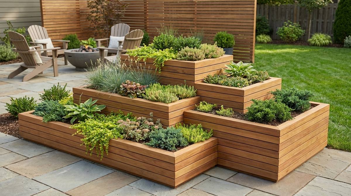 A modern garden decor arrangement featuring stacked rectangular planters in descending sizes, creating a three-dimensional geometric composition. Constructed from teak, ipe, or composite materials with mitered corners, this tiered box design maximizes planting density in small spaces by supporting different plant types like groundcovers and upright forms, adding height variation without additional ornamentation.