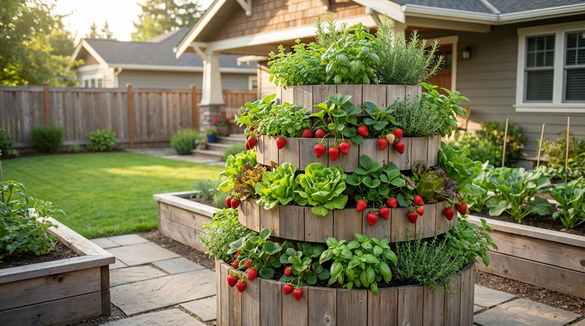 A vertical tiered plant tower with graduated planting rings, ideal for growing strawberries, lettuce, and herbs in small garden spaces to maximize harvest per square foot.