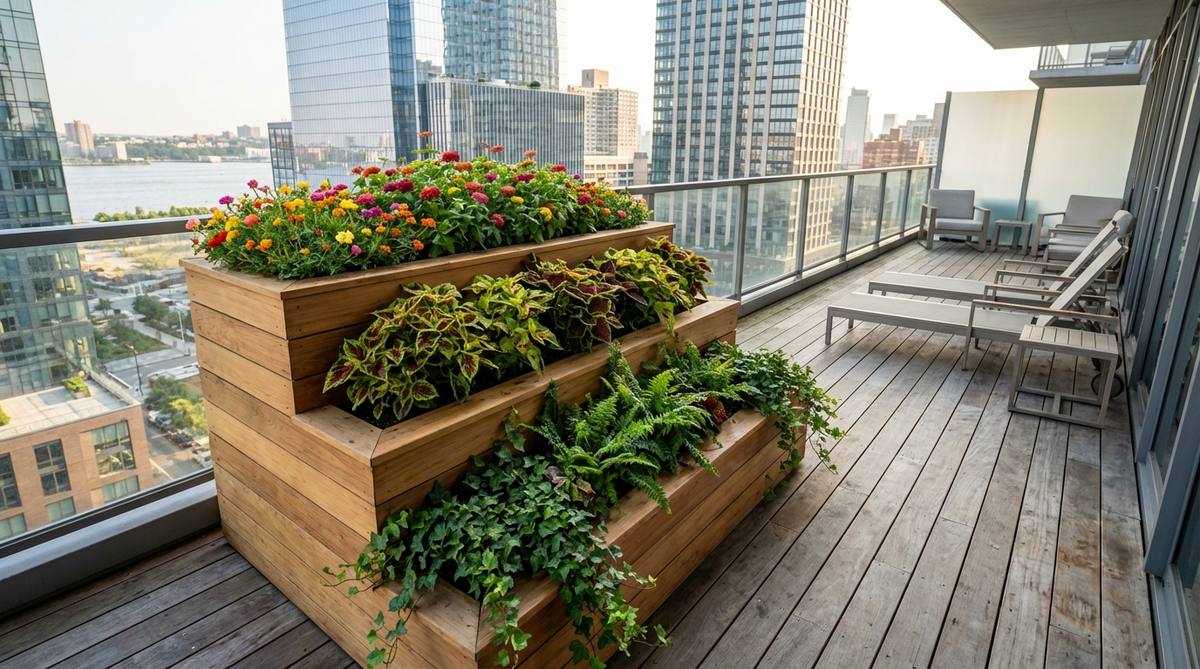 A three-level cedar staircase planter displaying cascading plants on a modern NYC balcony. The top tier features sun-loving portulacas and zinnias, middle tier has partial-shade coleus, and bottom tier shows shade-tolerant ivy and ferns, creating distinct light zones in compact urban spaces like Hudson Yards and Long Island City.