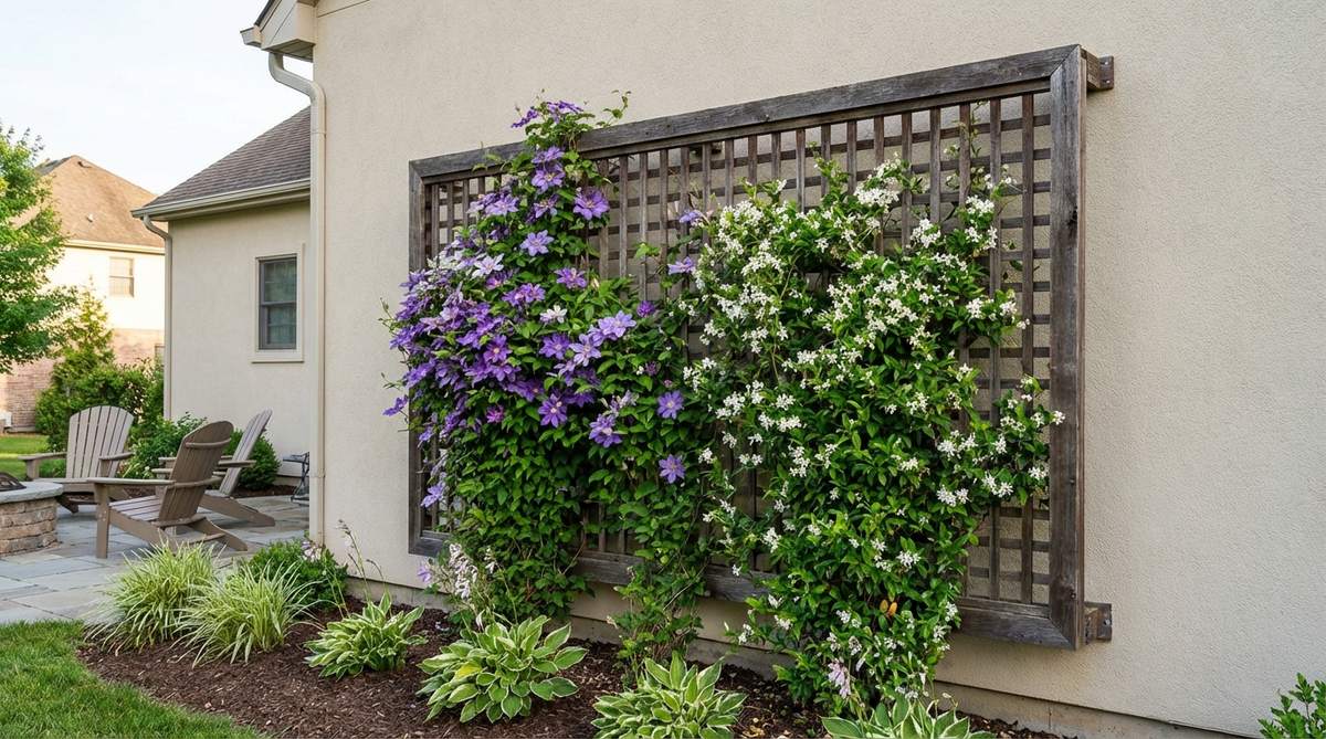 A decorative outdoor wall trellis made of metal or wood lattice, supporting climbing plants like clematis and jasmine. The structure is installed with proper spacing from the wall for air circulation, creating a vertical garden feature that provides fragrant flowering coverage and architectural interest.