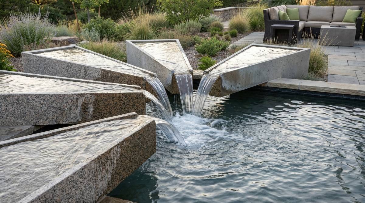 A triangular wedge spillway in a modern garden fountain, showing water flowing from the narrow apex across the expanding face with visible velocity changes. The angled surface features texture patterns that manipulate water behavior, creating either laminar flow or rippled patterns. Multiple wedges installed at different angles produce intersecting water paths that merge in the collection basin below.