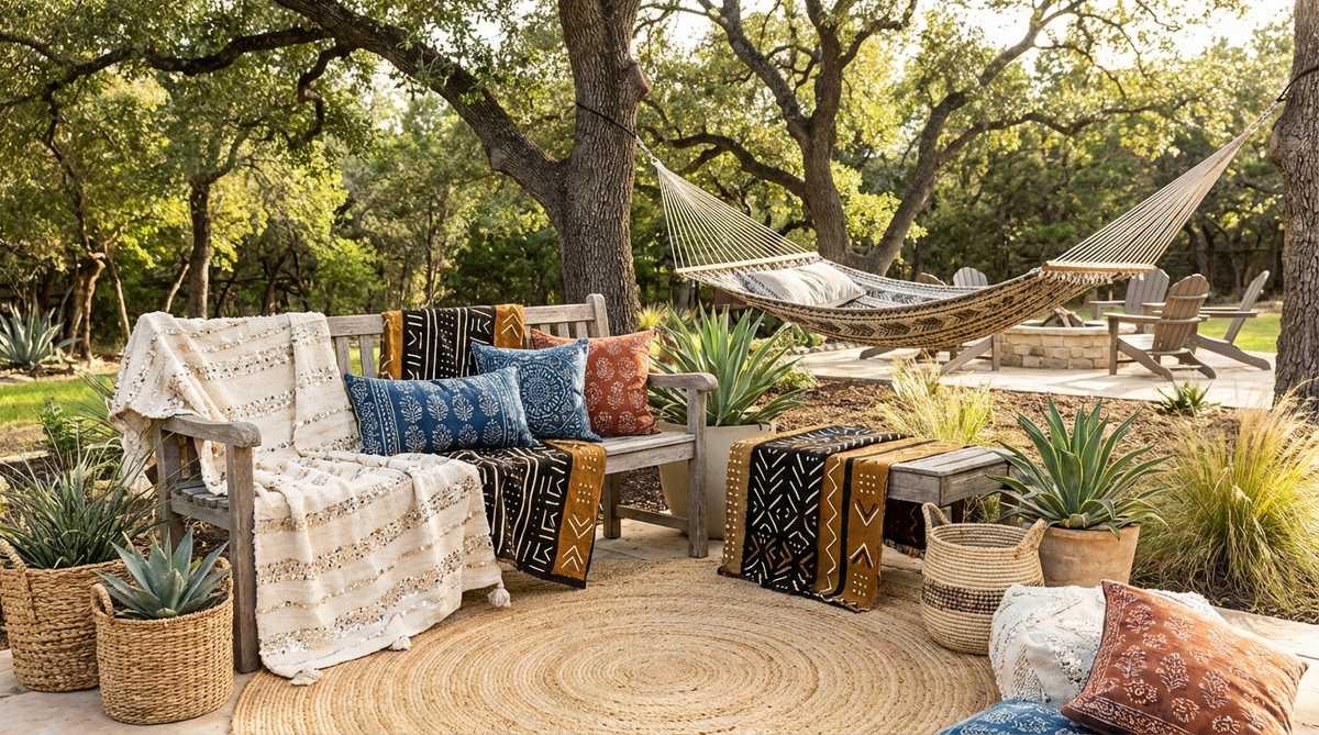 A vibrant boho decor arrangement featuring layered tribal and ethnic prints, including Moroccan wedding blankets, Indian block-print cushions, and African mudcloth throws, showcasing bold patterns from diverse cultures like Moroccan, Indian, African, and South American textiles to add global dimension and honor artisan traditions.
