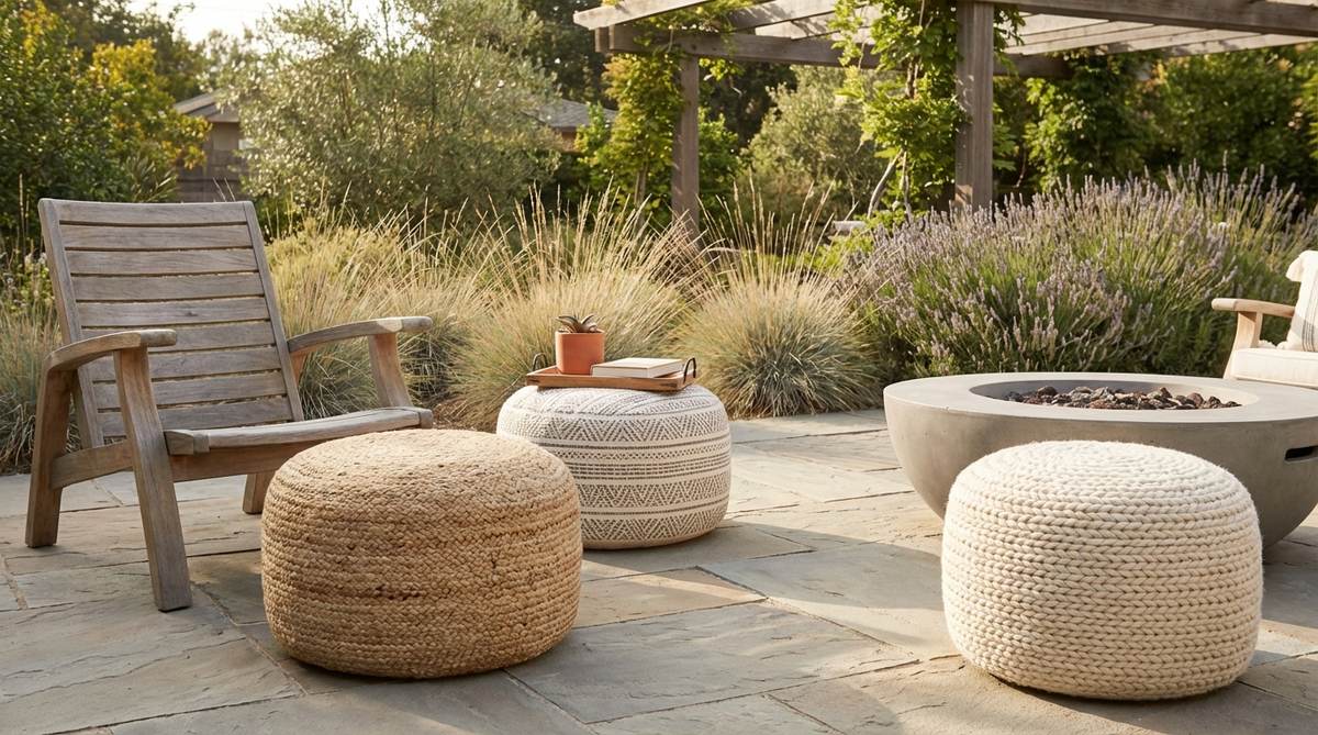 Hand-tufted poufs made from natural fibers like wool, cotton, or jute, used as flexible seating or surface options in modern boho decor. These rounded poufs soften angular furniture lines and serve as footrests, side tables, or portable extra seating.
