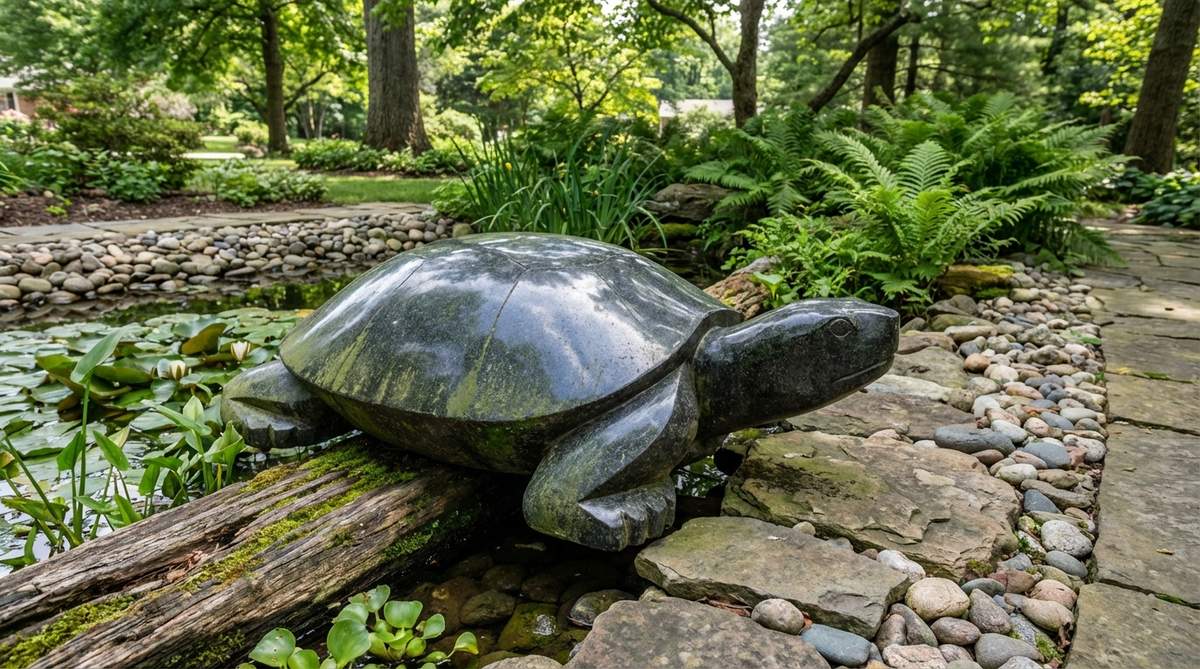 A stone turtle sculpture resting on a carved log or flat rock, symbolizing longevity and patience in garden design. The domed shell is geometrically simplified from natural stone, positioned horizontally with a low profile to blend seamlessly into water features. Ideal for installation at waterlines or partially submerged to mimic authentic basking behavior, made from durable granite that withstands freeze-thaw cycles while developing beneficial algae growth on polished surfaces.