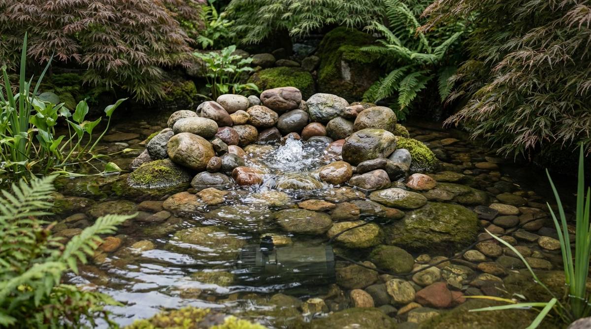 A close-up view of an underground spring bubbler in a Japanese garden pond, featuring water gently bubbling up through a carefully arranged pile of river stones. This naturalistic design mimics a hidden spring, providing subtle aeration and soothing sounds without the visual prominence of a waterfall. The image highlights the submersible pump installation beneath the stones, emphasizing energy efficiency and the tranquil aesthetic of traditional Japanese water features.