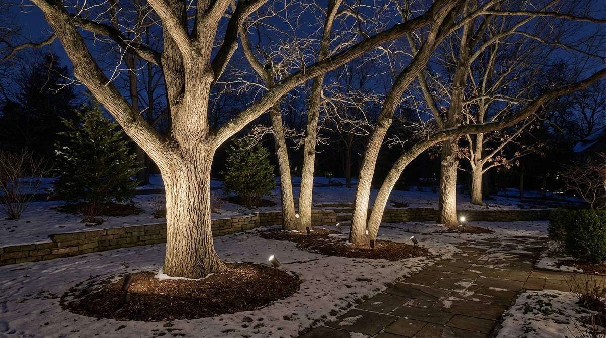 Ground-mounted spotlights illuminating mature tree trunks upward at night, highlighting bark texture and branch architecture in winter outdoor decor. Weatherproof fixtures installed 18-24 inches from trunk bases at a 30-degree angle with narrow beam spreads create dramatic vertical lines and shadow play.