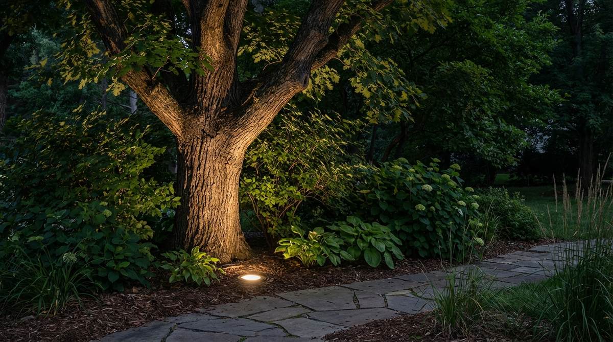 A ground-level spotlight positioned at the base of a tree or shrub, highlighting bark texture and leaf structure in warm 3000K LED light to create a cozy garden ambiance after dark.