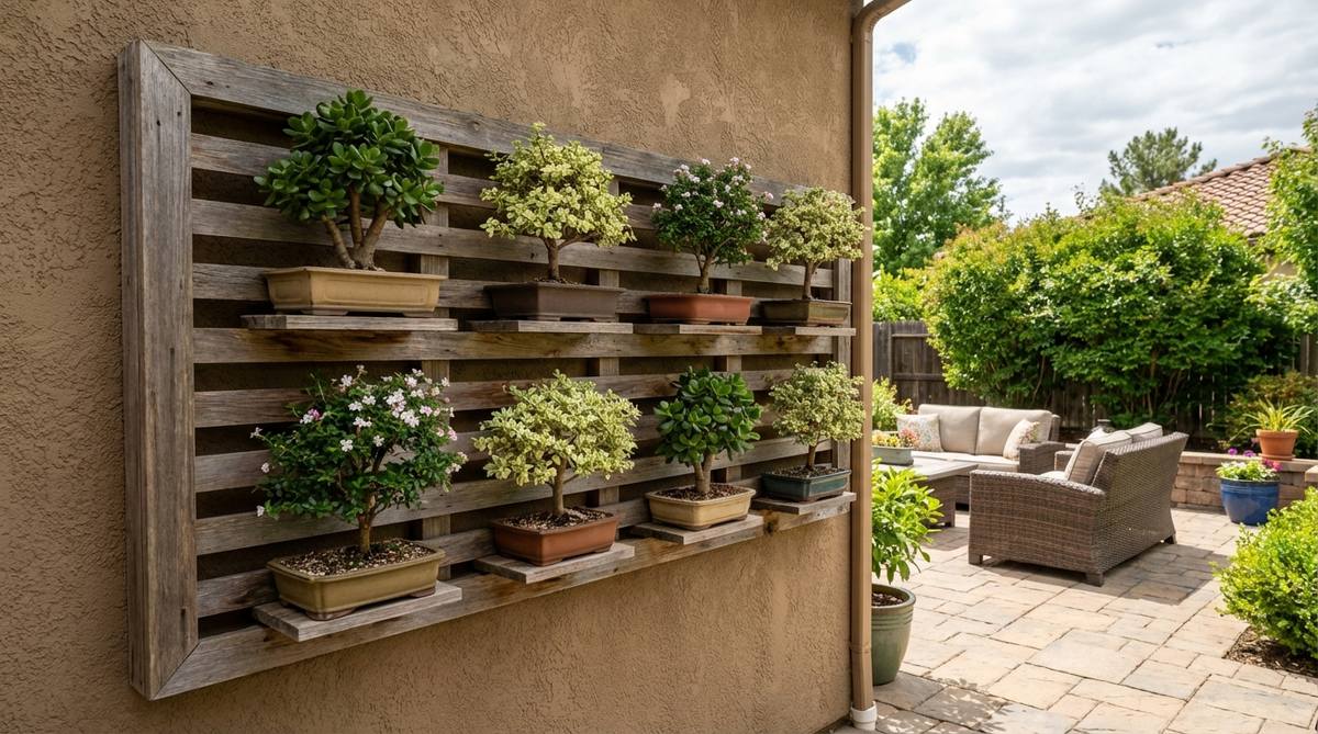 A wooden grid panel mounted on a wall with multiple shallow bonsai trays inserted into horizontal slots, displaying 6-8 small bonsai specimens including Jade and Serissa species. The vertical garden arrangement shows alternating foliage densities and color gradients, creating a living art installation that functions as an evolving sculpture within minimal wall space.