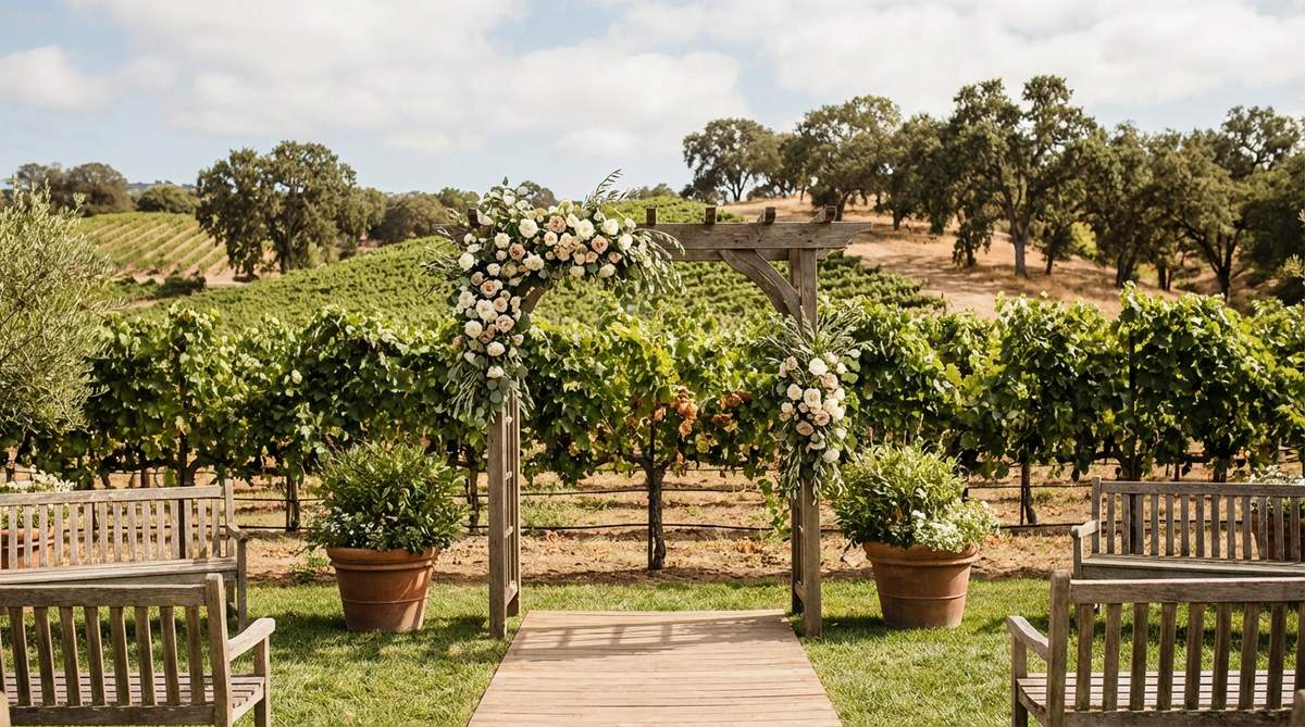 A vineyard trellis decorated with climbing vines and floral garlands serves as a beautiful outdoor wedding ceremony backdrop, blending natural agricultural elements with wedding decor to create a romantic setting.