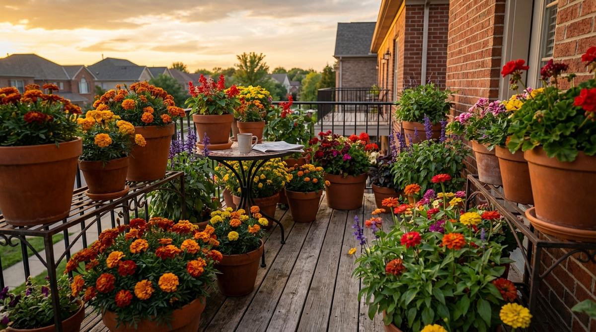 A vibrant balcony garden display featuring warm sunset colors with marigolds, zinnias, salvia, and geraniums in terracotta pots, creating an inviting space perfect for morning coffee.