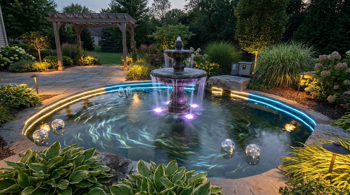 An image showcasing waterproof LED strips and submersible lighting illuminating a garden pond or fountain, creating ethereal effects as light refracts through moving water. Features low-voltage transformers, color-changing RGB lights synchronized with fountain pumps, and integration with floating ornaments and surrounding landscape illumination for a comprehensive garden display.