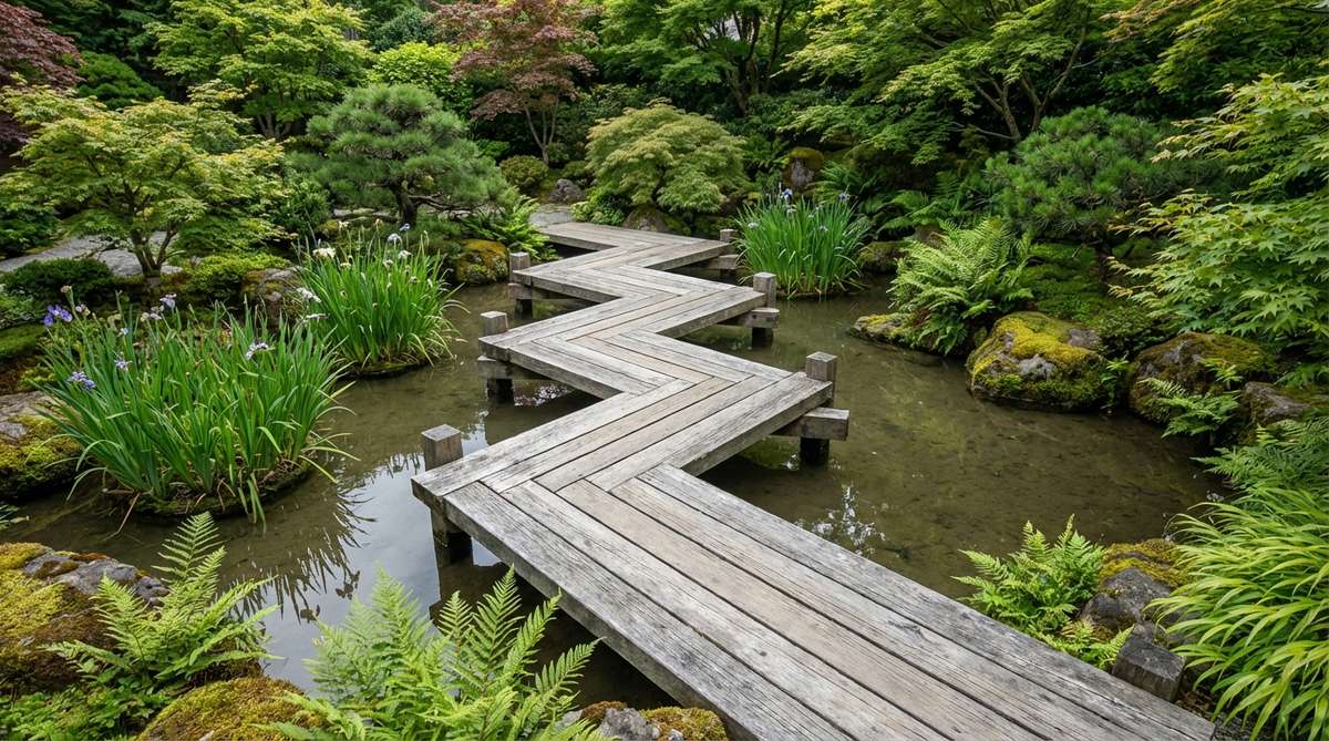Traditional Japanese zigzag plank bridge with eight sections angled 15-20 degrees apart, creating a meandering path across shallow water in a miniature garden. The untreated wood develops a natural silver-gray patina over time, referencing historic iris-viewing platforms in Japanese garden design.