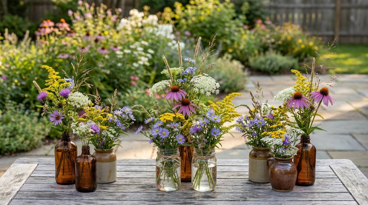 Organic wildflower centerpieces arranged in amber glass bottles, mason jars, and ceramic vessels. These unstructured bouquets feature mixed flower varieties with varying heights and textures, clustered in groups of three to five for an authentic meadow-inspired look perfect for boho birthday decor.