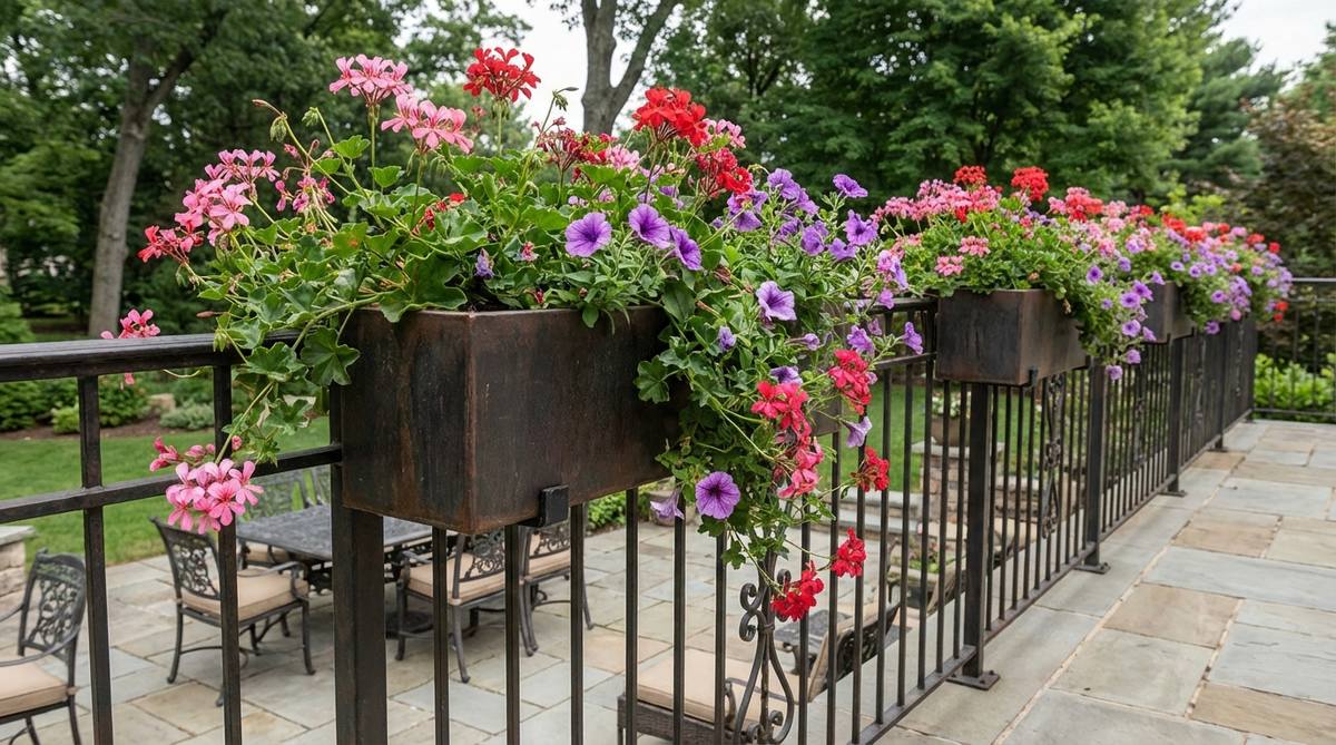 A close-up view of rectangular metal planters securely mounted on a terrace railing using adjustable brackets. The boxes are filled with cascading ivy geraniums and petunias, demonstrating how to optimize edge space in terrace garden design.