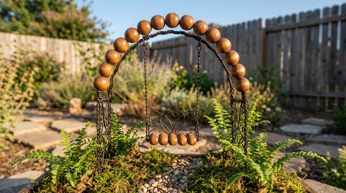 A miniature wire swing with a wooden bead seat hanging from a fairy garden arbor, crafted from twisted wire and large wooden beads. This DIY fairy garden accessory adds movement and playfulness to miniature displays, perfect for creating interactive focal points in enchanted garden scenes.