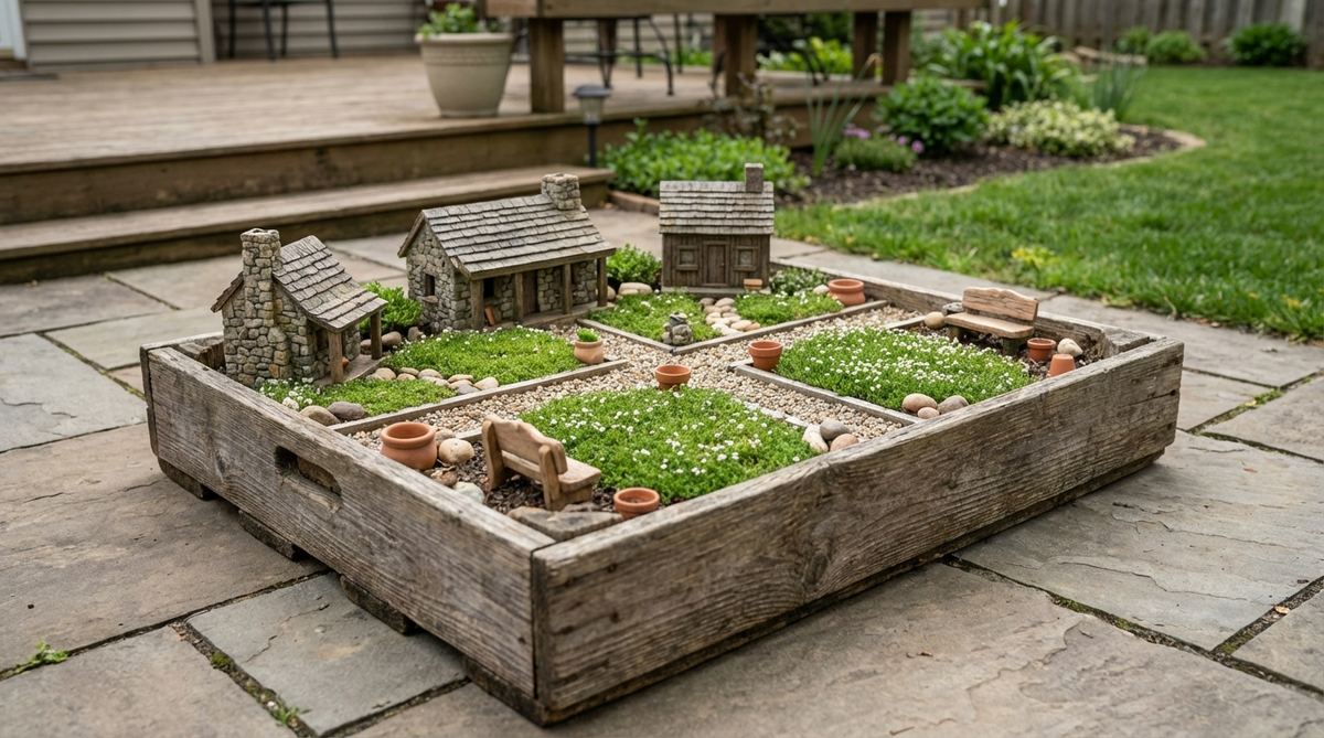 A rustic miniature garden setup using a shallow wooden crate, featuring weathered wood for a cottage or farmhouse theme. Includes linear street layouts with miniature buildings, central pathways, and low-growing ground covers like Sagina subulata to represent lawns. Ideal for seasonal projects or covered outdoor use.