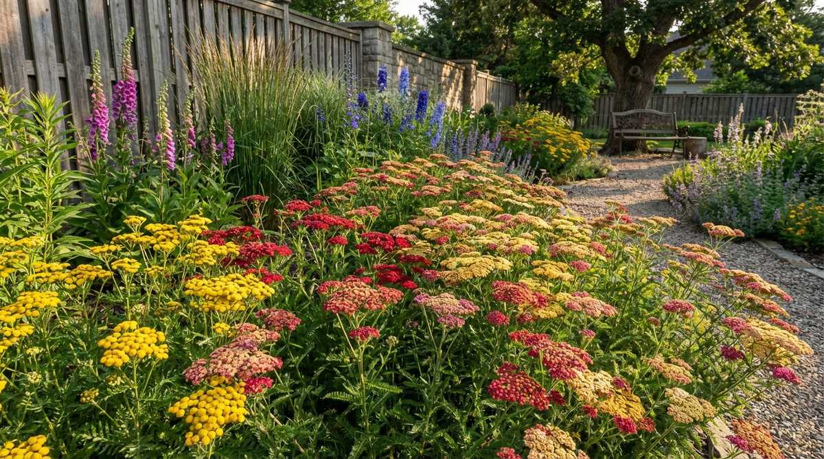 A vibrant garden image showcasing yarrow and tansy plants arranged in horizontal layers, highlighting their flat umbel flowers and ferny foliage that contrast with vertical elements in cottage borders, ideal for drought-tolerant, full sun locations in zones 3 through 8.