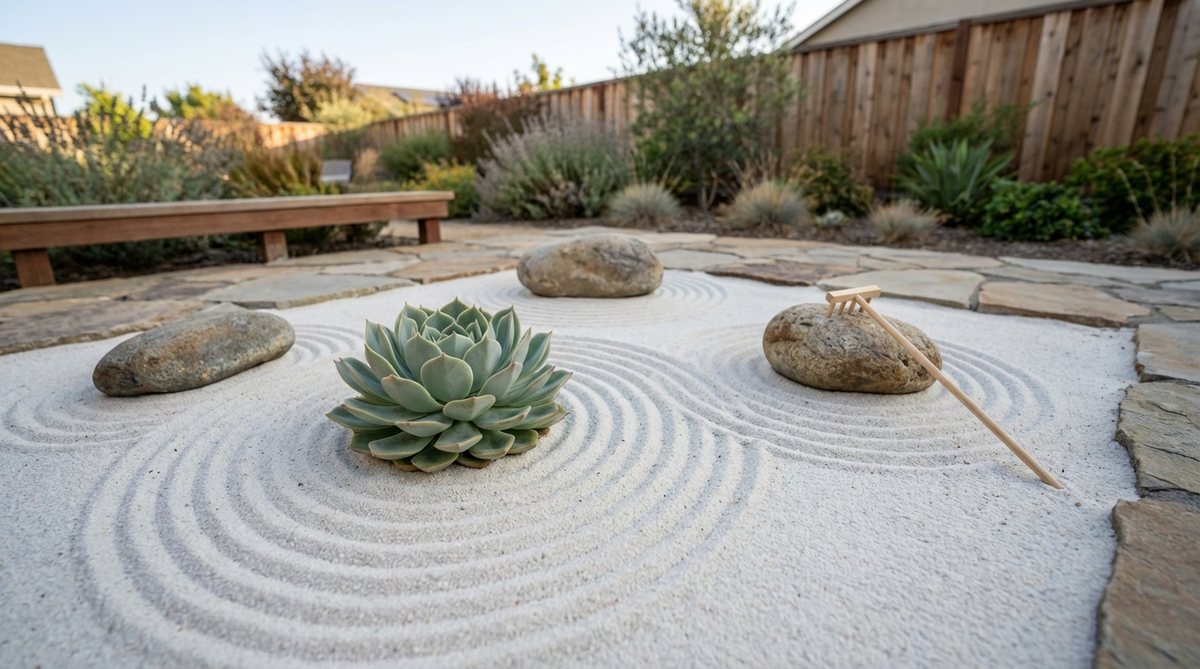 A minimalist Zen succulent meditation garden featuring a single echeveria succulent as the focal point, surrounded by fine white sand raked into concentric patterns. Three river rocks are positioned asymmetrically to balance the composition, embodying Japanese aesthetic principles. The design encourages mindful interaction through the weekly sand-raking ritual, using a miniature rake or fork to create ripple patterns. The sand is selected for quick drainage, avoiding harmful dyes found in decorative colored sand.