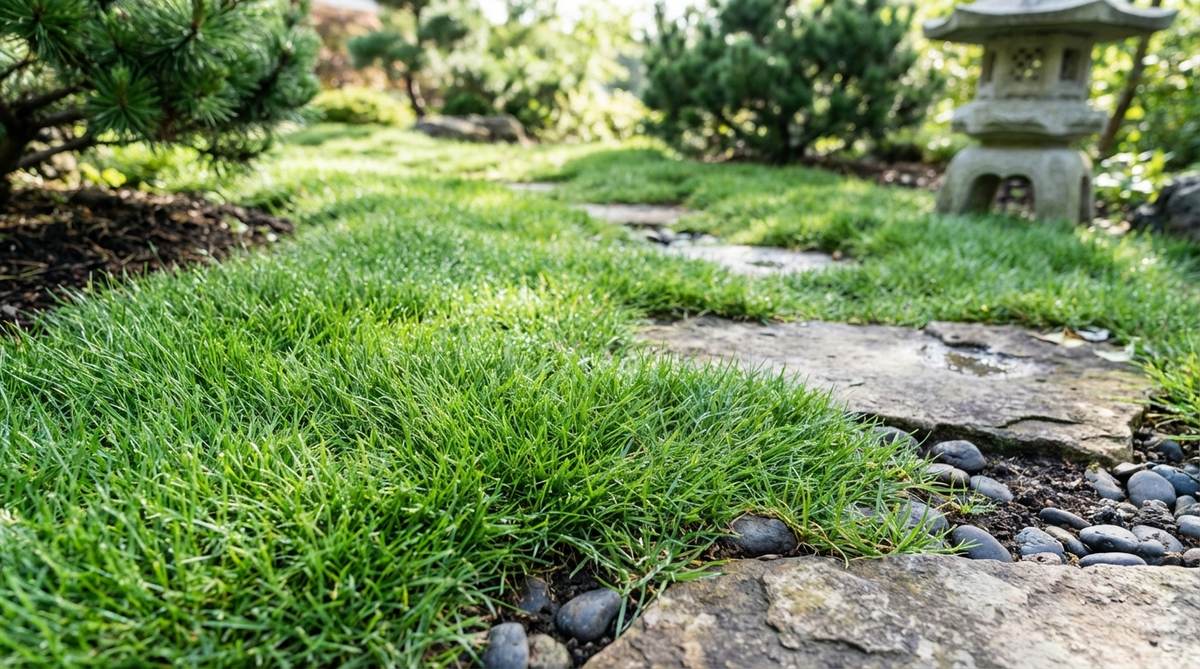 Close-up of Zoysia japonica, also known as Manila grass, used as a moss substitute in Japanese gardens. This drought-resistant grass thrives in sunny to partially shaded areas with its fine texture and slow growth rate, maintaining aesthetic appeal while tolerating extreme summer heat. The image shows the grass's characteristic appearance in well-drained soil with neutral pH.