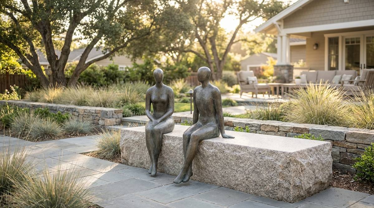 A minimalist bronze or resin garden statue featuring simplified human forms in seated or standing poses, with essential curves and smooth surfaces that age beautifully outdoors. Perfect for placement on stone benches or in contemplative garden spaces at 30-48 inches tall.