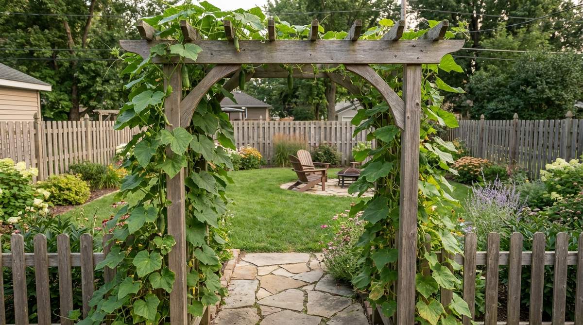 A garden arbor archway entrance with vining plants like cucumbers or squash, framing a pathway in a small backyard to add vertical dimension and visual appeal.