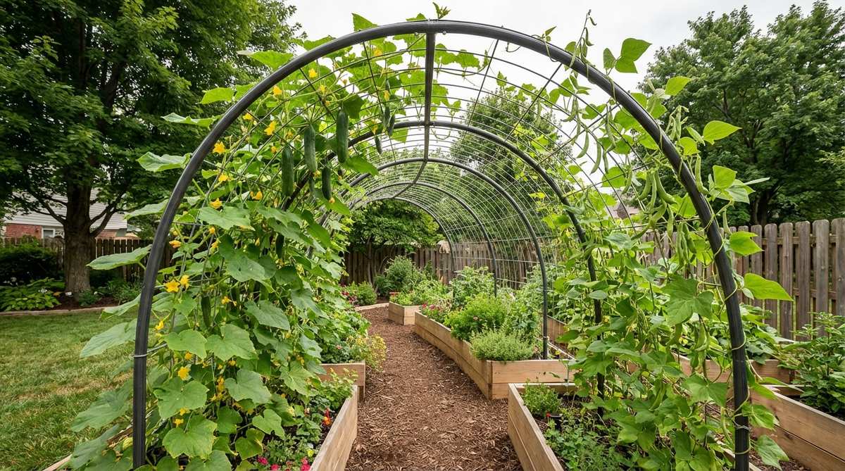 A curved steel trellis arch supporting climbing vegetables like cucumbers and beans, creating a shaded tunnel over a garden pathway with wire netting between arches for vertical growing space.