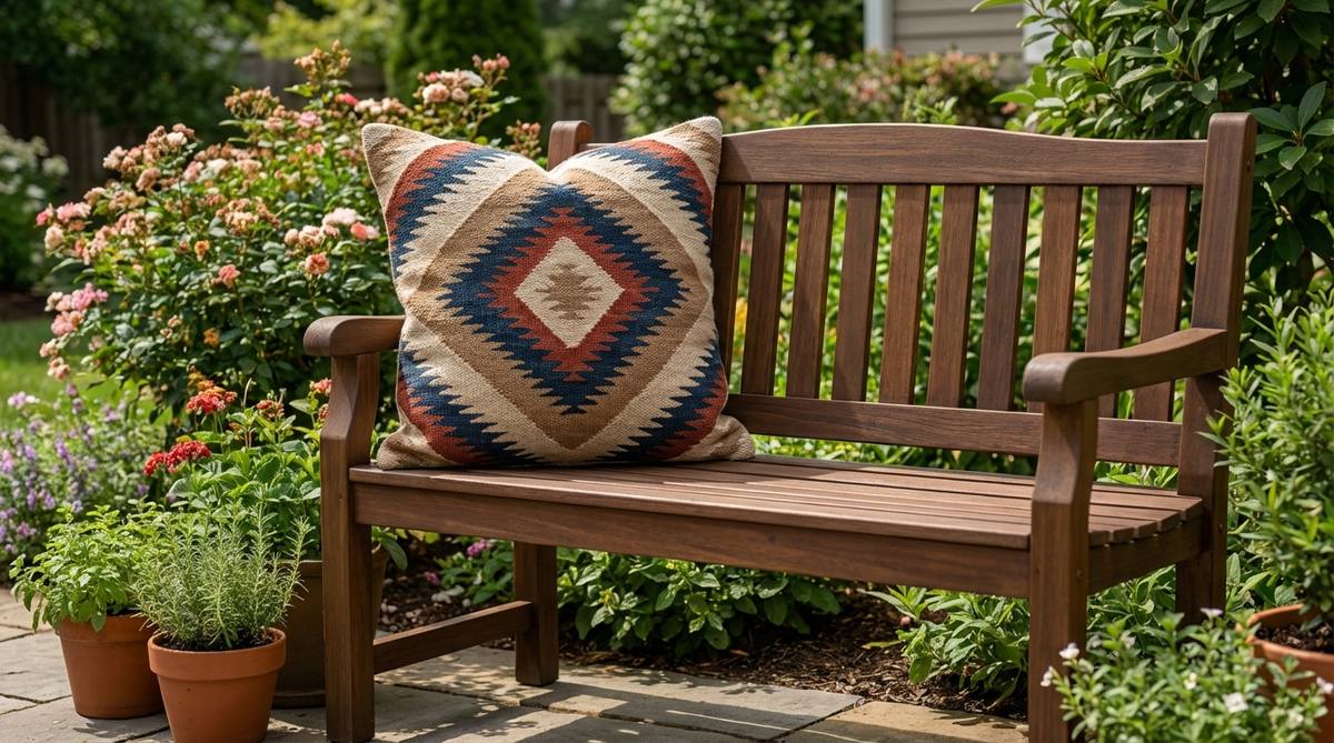 A boho decor pillow featuring concentric diamond patterns in contrasting colors, inspired by Southwest and Central American textile traditions. This bold symmetrical design adds visual impact to eclectic arrangements and works well as a statement piece on solid-colored outdoor sofas or as repeating elements on garden benches.