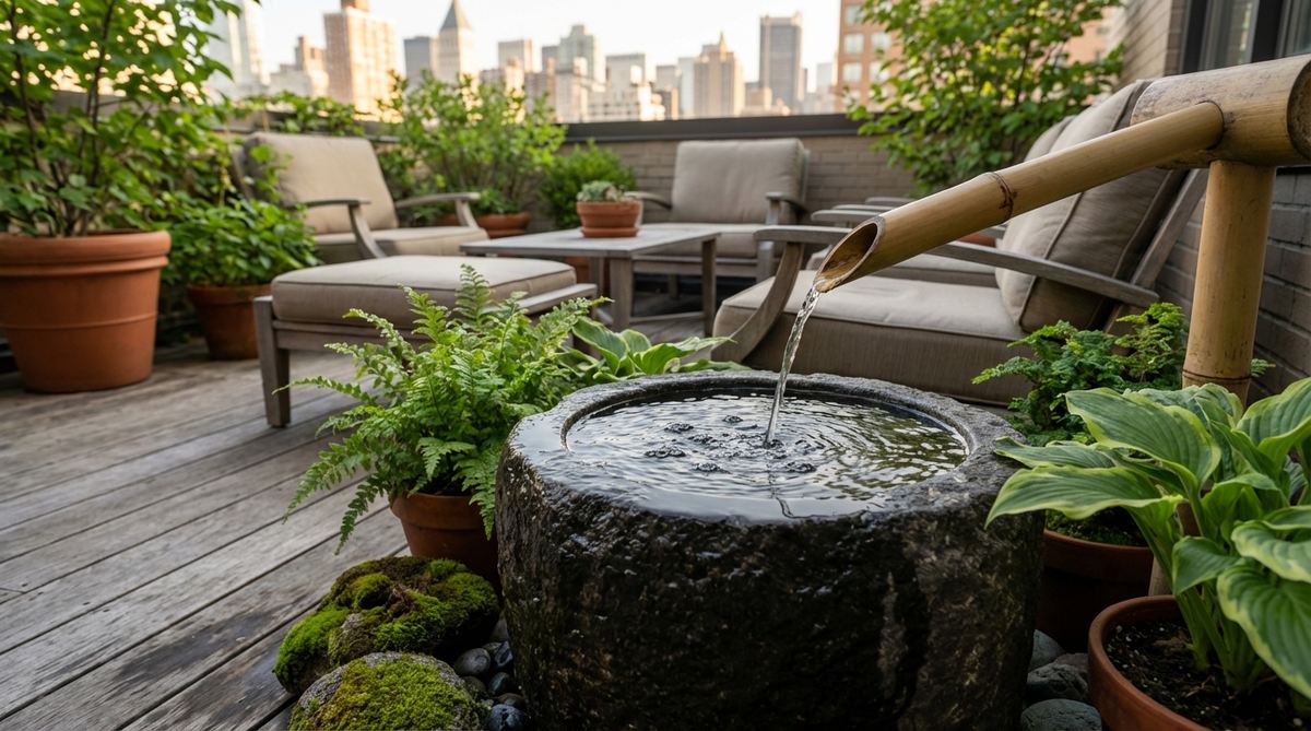 A traditional Japanese tsukubai-style bamboo fountain installed on a balcony garden. The hollow bamboo spout pours water into a stone basin at seating height, creating a gentle trickling sound. The recirculating water feature provides a meditative focal point with small bubbles and ripples on the water surface, perfect for morning or evening relaxation in a compact urban garden space.