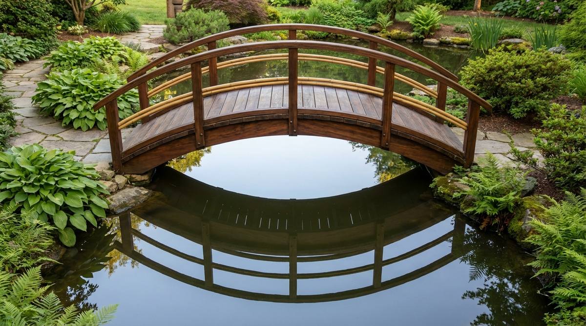 A mini garden bridge with an extreme arch forming a near-perfect circle when reflected in water, featuring bamboo railings that complement the curved form. This ornamental bridge requires precise carpentry for stability and is best suited for viewing rather than frequent crossing, with uplighting recommended to illuminate the arch at night.