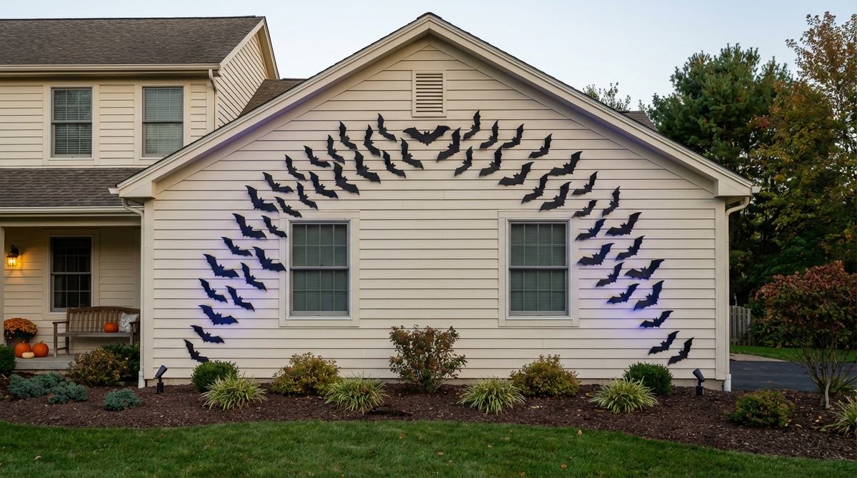 A Halloween outdoor decor image showing a cloud of black bat silhouettes arranged in a sweeping arc on a light-colored house gable, enhanced with subtle purple or blue lighting for contrast, illustrating a spooky and effective DIY decoration idea.