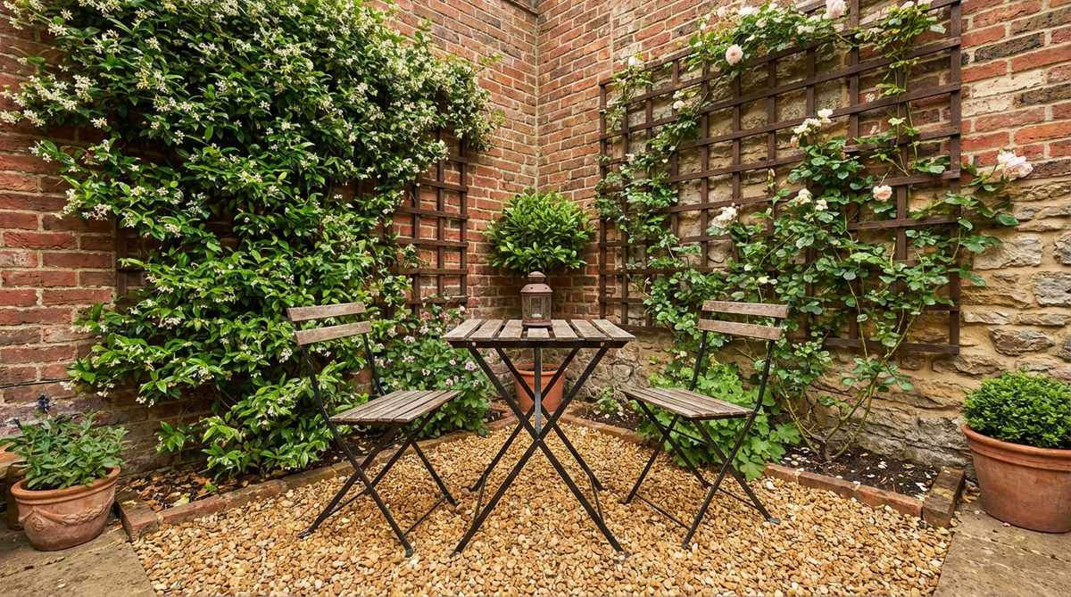 A cozy bistro nook set in a courtyard corner, featuring a café table and two chairs on a pea gravel floor, bordered by climbing vines on trellises for privacy. This compact design transforms small spaces into functional outdoor rooms with quick installation and seasonal flexibility.