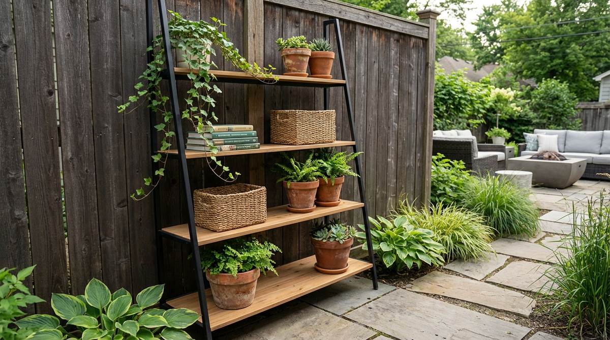 A leaning ladder shelf with a black metal frame and natural wood shelves, combining industrial and organic elements. Ideal for displaying trailing plants, books, baskets, and pottery to add dimension and warmth to black boho decor.