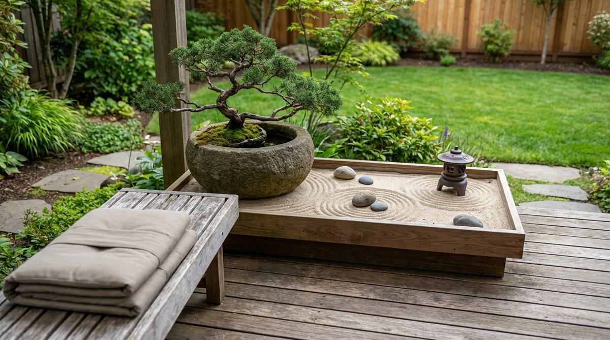 A miniature bonsai tree positioned beside a sand tray in a Japanese zen garden arrangement, featuring juniper or ficus varieties suitable for indoor environments with proper light. This bonsai companion arrangement represents strength, patience, and the passage of time, with care routines that integrate with daily meditation sessions as part of a mindfulness practice.