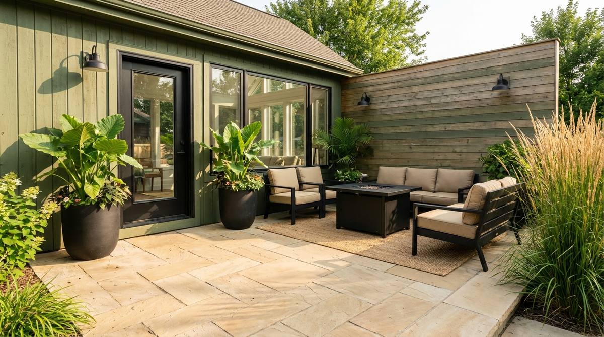 A decor image featuring a palette of medium botanical green and warm sand with black accents, ideal for living rooms or sunrooms, showcasing feature walls, plants, flooring, and contemporary black details.