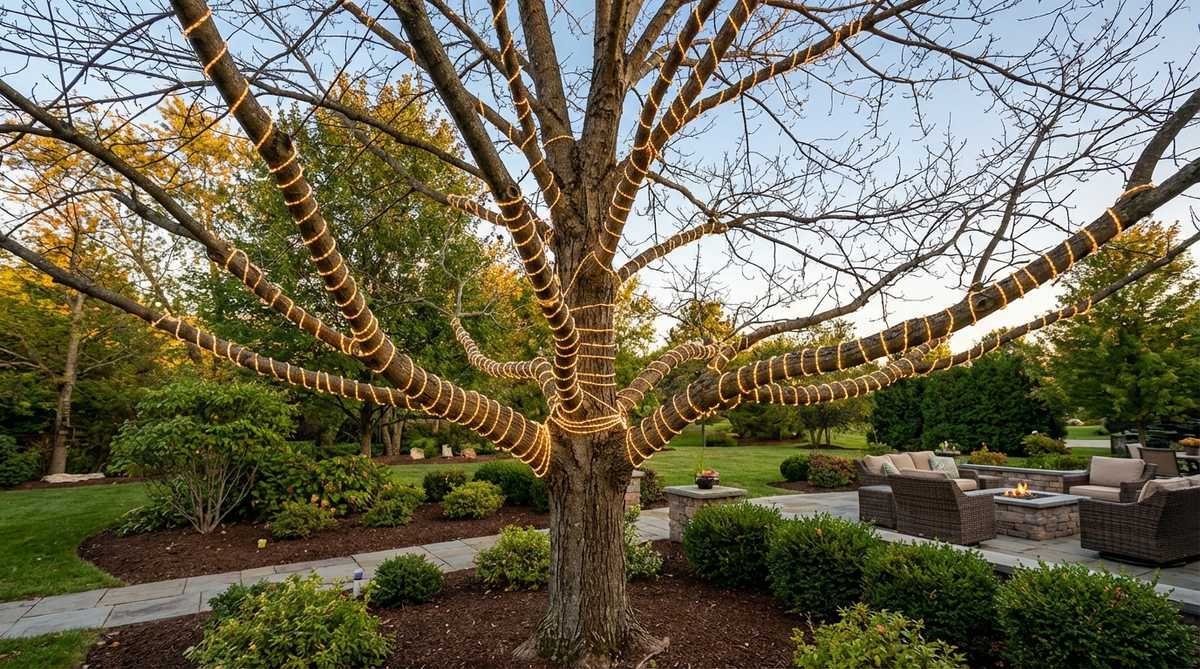 Illustration showing proper branch tip wrapping technique for outdoor tree lighting, demonstrating how to wrap lights from trunk connection points outward toward branch tips for optimal illumination coverage in the canopy.