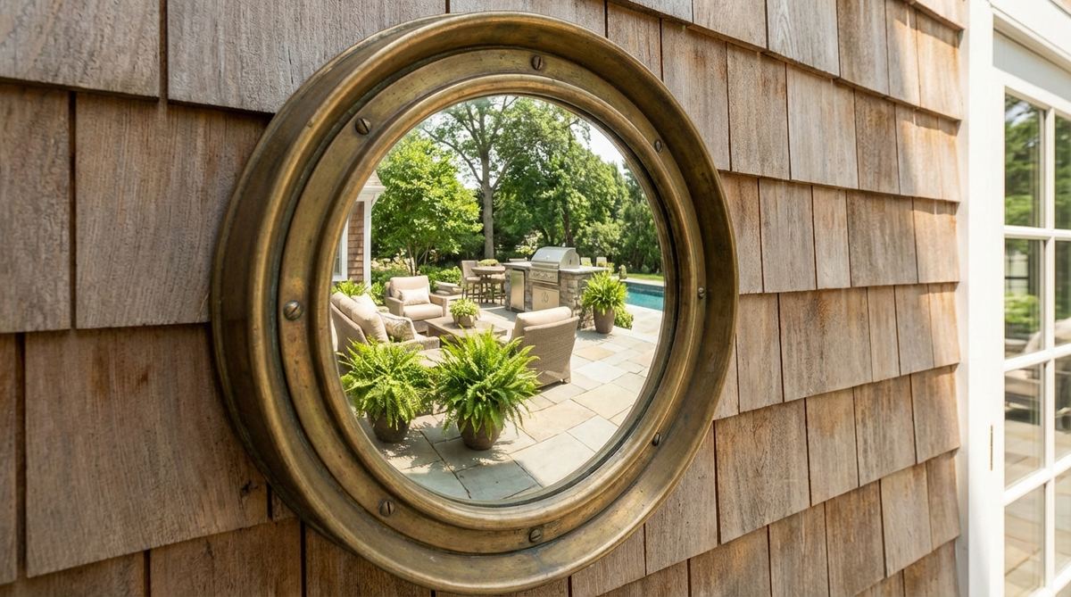 A circular brass-framed porthole mirror mounted on an outdoor wall, reflecting summer patio decor. The nautical-style mirror features either convex or flat glass, suitable for pool houses or entertainment areas, with brass that develops natural patina over time.
