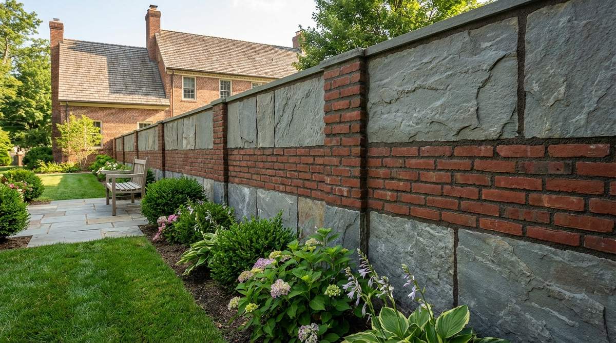 A stone garden wall with alternating courses of red brick and gray stone, showing textural variety and modular construction for level control. The brick courses are spaced every 18-24 inches between stone sections, with proper mortar matching both materials' absorption rates. This combination is particularly effective in Colonial and Georgian-style landscapes, warming the gray stone palette with red clay tones.