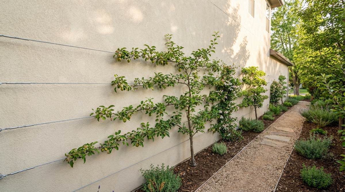 A close-up view of galvanized cable wires stretched horizontally at 12-inch intervals on a blank wall, with espaliered fruit trees or ornamental vines trained along the support lines, demonstrating a space-saving technique ideal for narrow side yards in small gardens.
