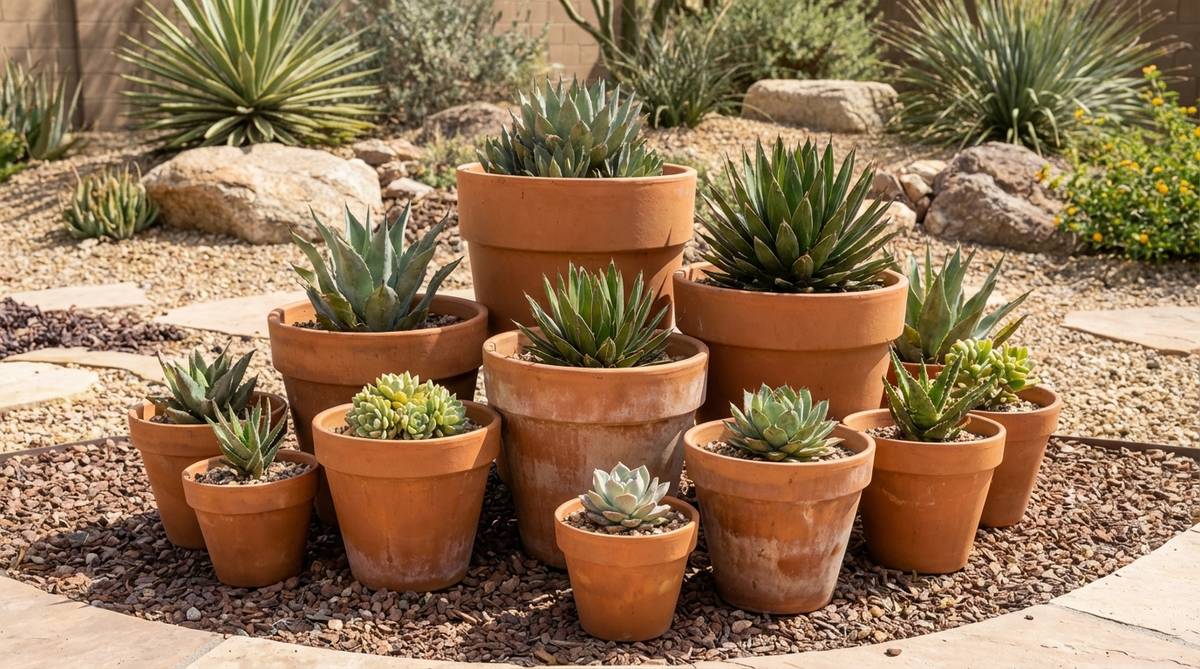 A western boho decor arrangement featuring grouped succulents in unglazed terracotta pots of varying heights and diameters, creating a portable desert vignette. The porous clay containers prevent root rot while developing attractive mineral deposits, with decorative gravel mulch unifying the composition and retaining soil moisture.
